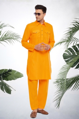Men's yellow cotton blend pathani suit set 1