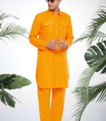 Men's yellow cotton blend pathani suit set