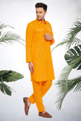 Men's yellow cotton blend pathani suit set 2