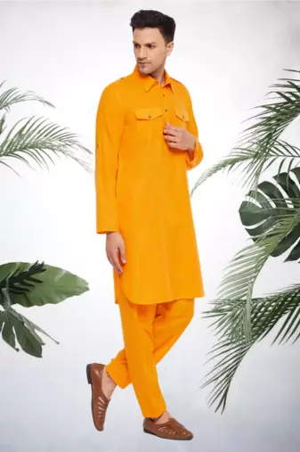 Men's yellow cotton blend pathani suit set