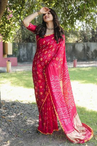 Koram Pink Bandhej Silk With Bandhej Border With Zari Weaving Pallu Saree With Blouse For Women 