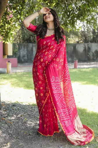 Koram Pink Bandhej Silk With Bandhej Border With Zari Weaving Pallu Saree With Blouse For Women 