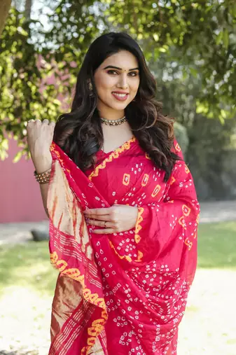 Koram Pink Bandhej Silk With Bandhej Border With Zari Weaving Pallu Saree With Blouse For Women 