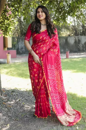 Koram Pink Bandhej Silk With Bandhej Border With Zari Weaving Pallu Saree With Blouse For Women 