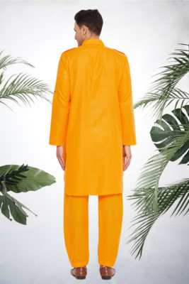 Men's yellow cotton blend pathani suit set 3