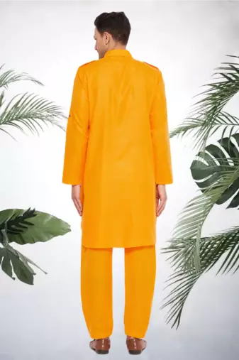 Men's yellow cotton blend pathani suit set