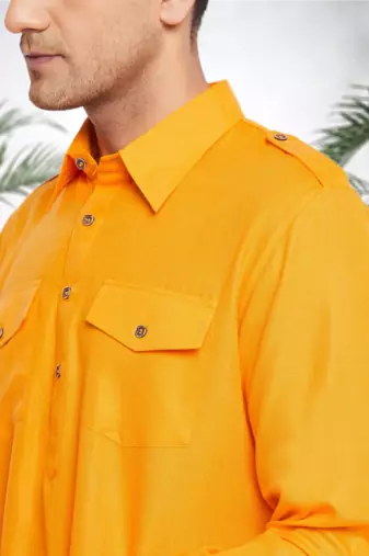 Men's yellow cotton blend pathani suit set