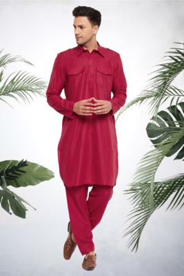 Men's maroon cotton blend pathani suit set 1