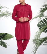 Men's maroon cotton blend pathani suit set