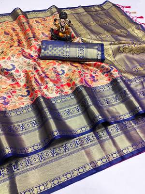 Koram Peach Pure Kanjivaram Soft Silk Weaving Borders Havy Design Saree With Blouse For Women 1