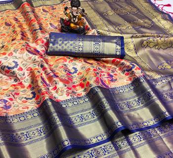 Koram Peach Pure Kanjivaram Soft Silk Weaving Borders Havy Design Saree With Blouse For Women 2