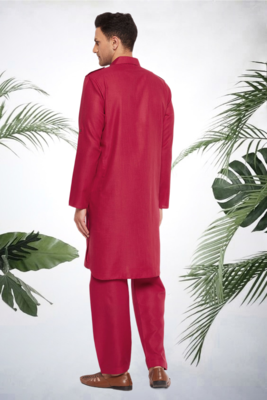 Men's maroon cotton blend pathani suit set 3