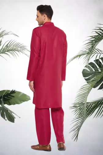 Men's maroon cotton blend pathani suit set