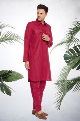 Men's maroon cotton blend pathani suit set 4
