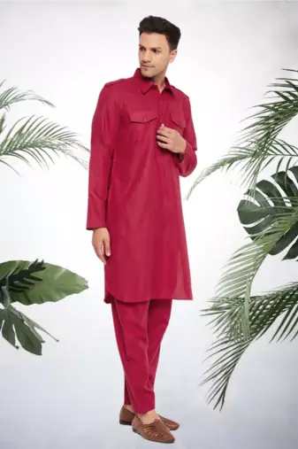 Men's maroon cotton blend pathani suit set