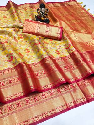 Koram Golden Pure Kanjivaram Soft Silk Weaving Borders Havy Design Saree With Blouse For Women 1