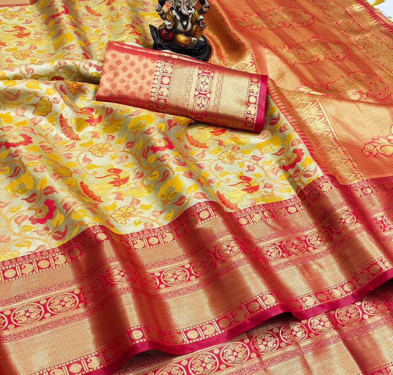 Koram Golden Pure Kanjivaram Soft Silk Weaving Borders Havy Design Saree With Blouse For Women