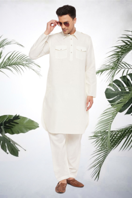 Men's white cotton blend pathani suit set 1
