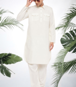 Men's white cotton blend pathani suit set