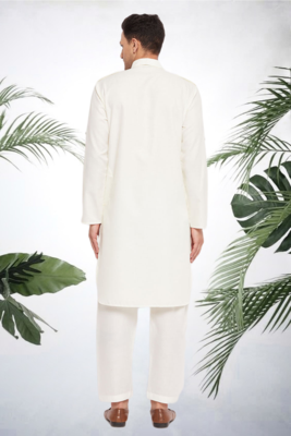 Men's white cotton blend pathani suit set 3