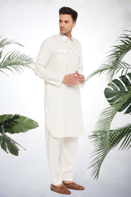 Men's white cotton blend pathani suit set 4