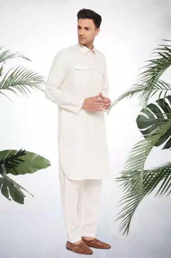 Men's white cotton blend pathani suit set