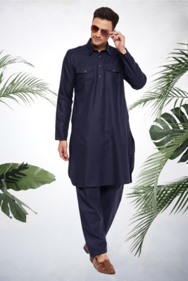 Men's navy blue cotton blend pathani suit set 1
