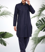 Men's navy blue cotton blend pathani suit set