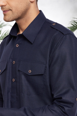 Men's navy blue cotton blend pathani suit set 2