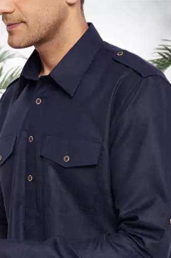 Men's navy blue cotton blend pathani suit set
