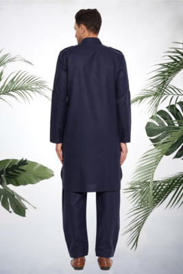 Men's navy blue cotton blend pathani suit set 3