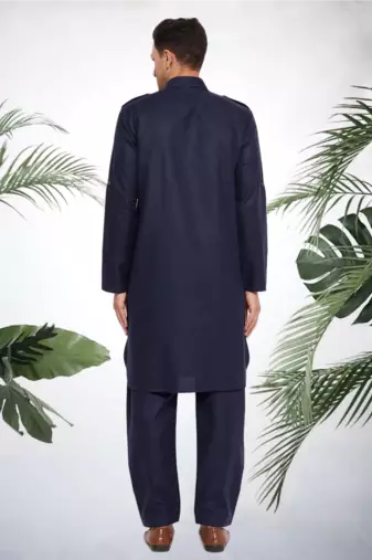 Men's navy blue cotton blend pathani suit set
