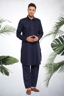 Men's navy blue cotton blend pathani suit set 4