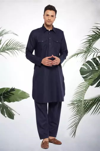 Men's navy blue cotton blend pathani suit set