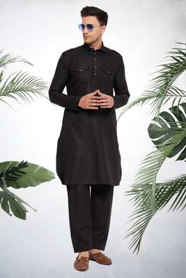Men's black cotton blend pathani suit set 1