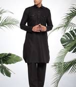 Men's black cotton blend pathani suit set