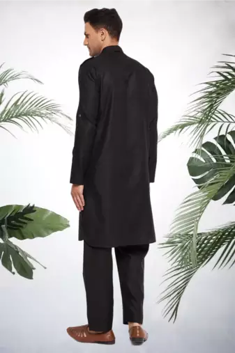 Men's black cotton blend pathani suit set