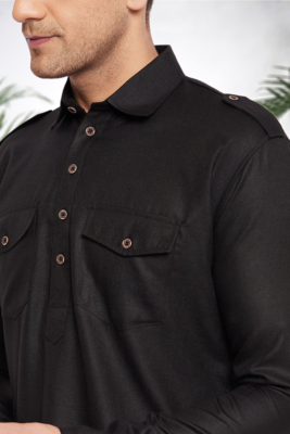 Men's black cotton blend pathani suit set 3