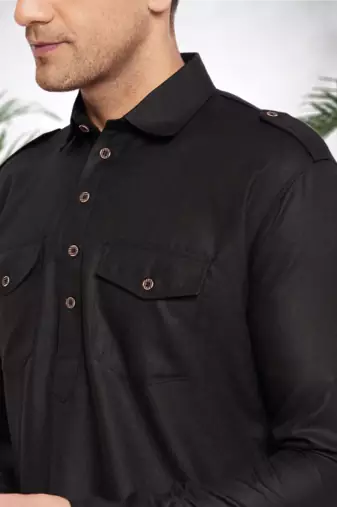 Men's black cotton blend pathani suit set