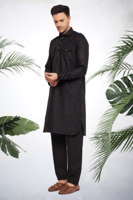 Men's black cotton blend pathani suit set 4