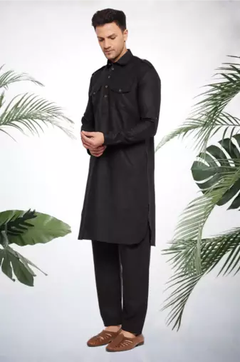 Men's black cotton blend pathani suit set