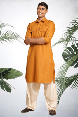 Men's yellow cotton blend pathani suit set 1