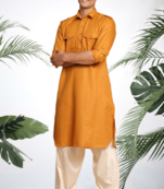 Men's yellow cotton blend pathani suit set