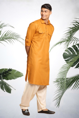 Men's yellow cotton blend pathani suit set 2