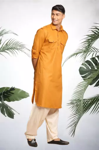 Men's yellow cotton blend pathani suit set