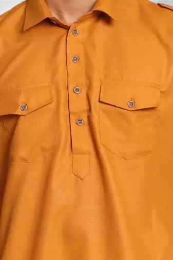Men's yellow cotton blend pathani suit set