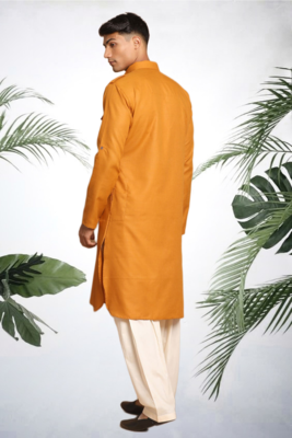 Men's yellow cotton blend pathani suit set 4