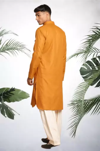 Men's yellow cotton blend pathani suit set