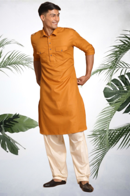 Men's yellow cotton blend pathani suit set 5