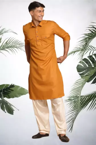 Men's yellow cotton blend pathani suit set